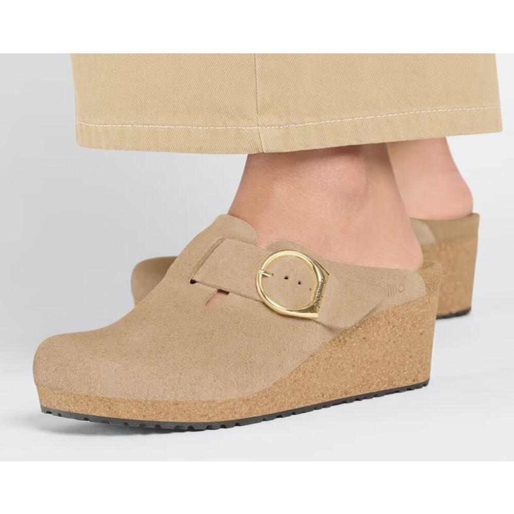 Birkenstock Tan Suede Wedge Clogs with Gold Buckle